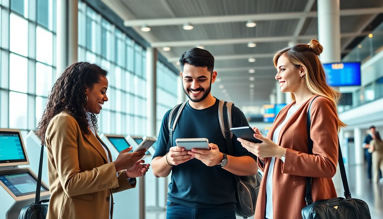 diverse travelers in a modern airport setting using digital devices.
