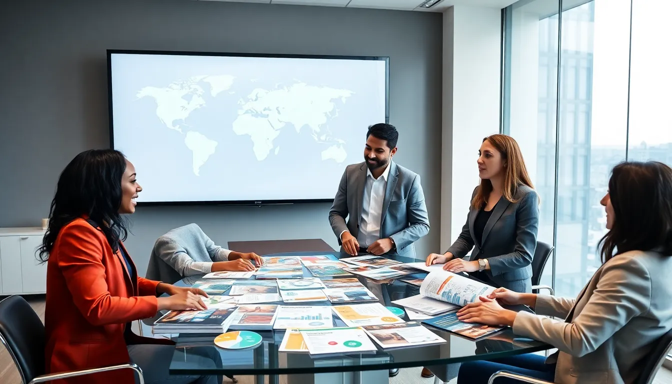 diverse team analyzing global tourism trends in a modern office.