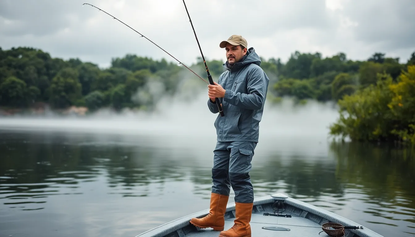 angler in quality rain gear fishing on a lake during light rain.