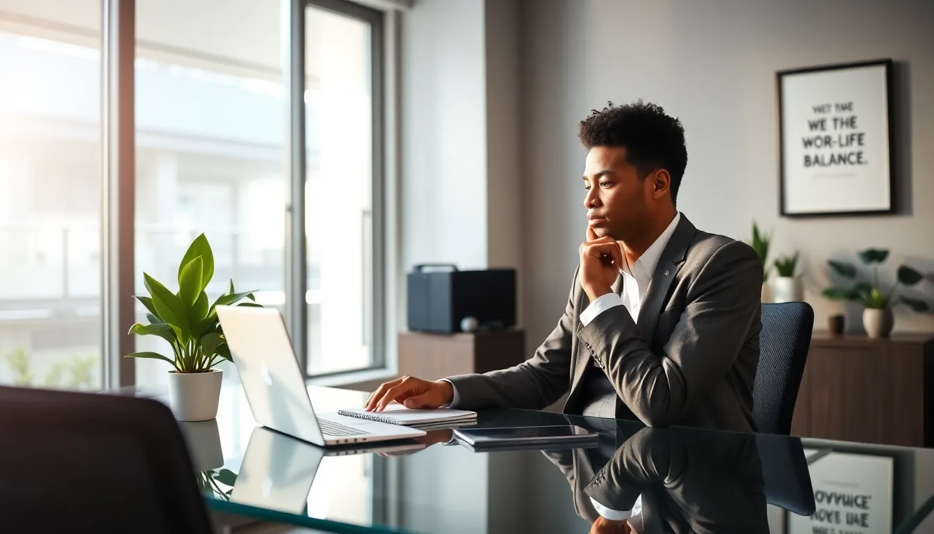 small business owner balancing work and personal life in a modern office.