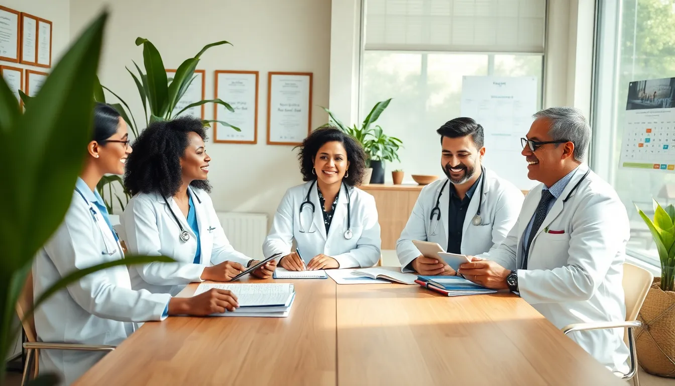 diverse group of doctors discussing work-life balance in a modern setting.