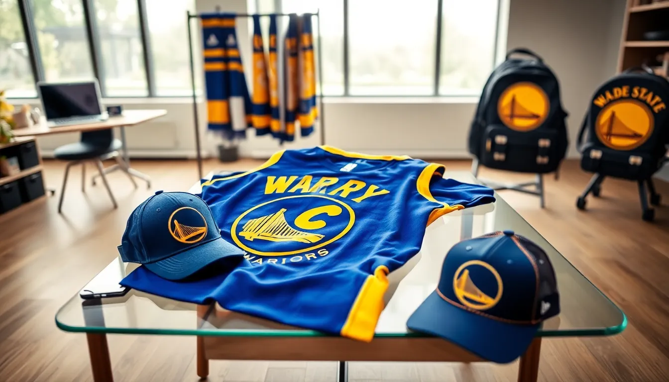 Display of Golden State Warriors fan gear including jerseys and accessories.