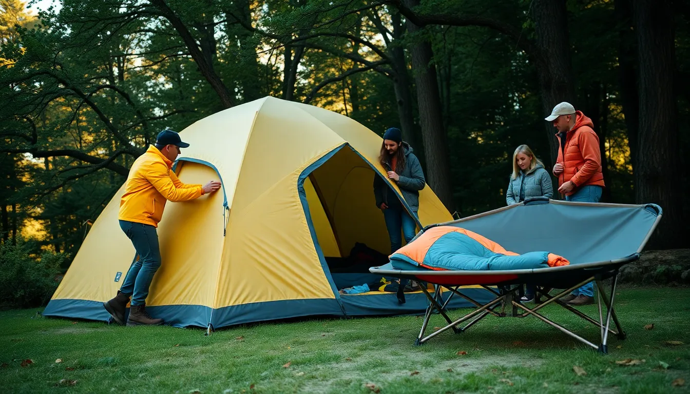 campers preparing their tents and sleeping gear in a natural setting.