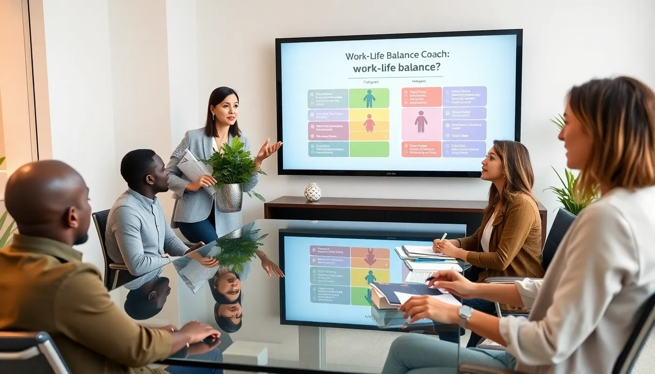 diverse group engaged with a work-life balance coach in a modern office.