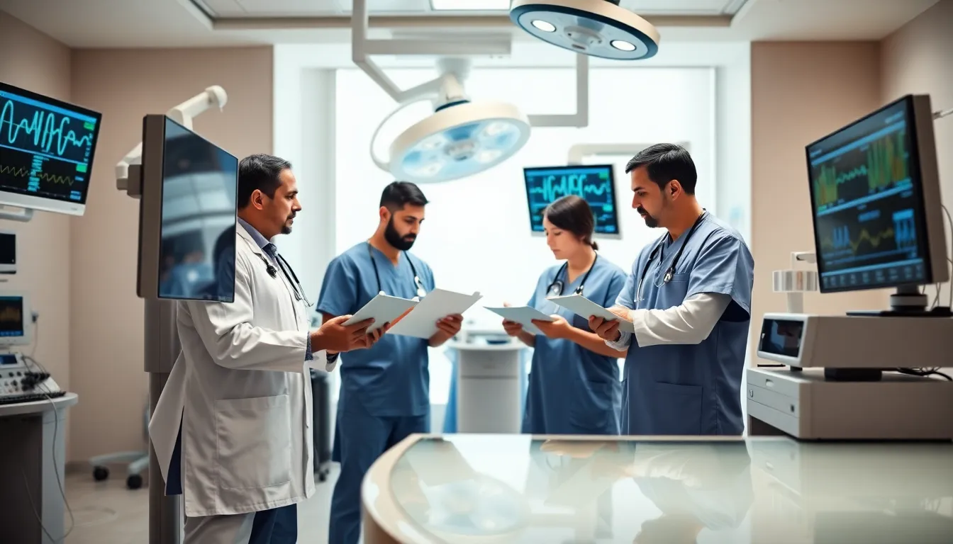 diverse anesthesiology team collaborating in a modern surgical setting.