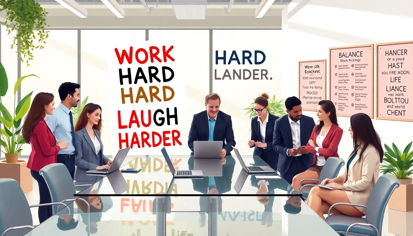 professionals in an office enjoying humor about work-life balance.