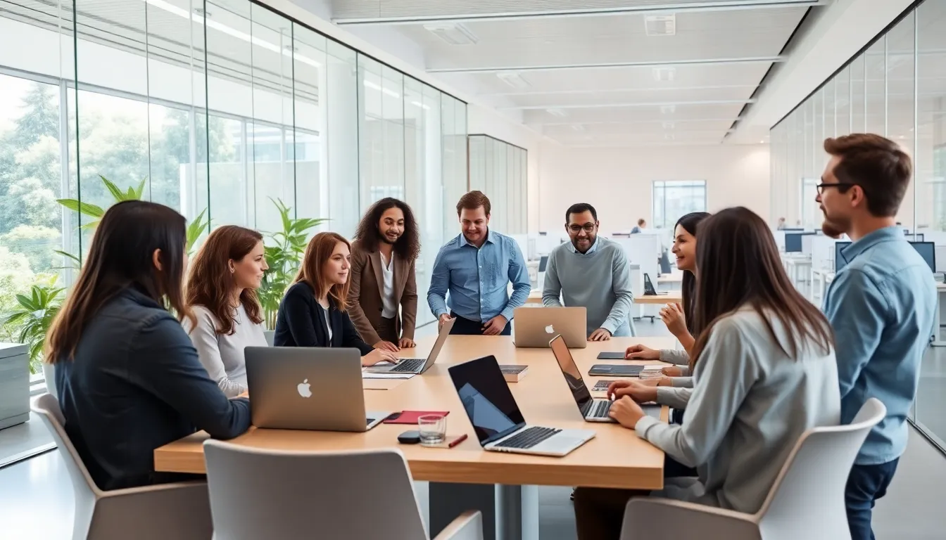 diverse professionals collaborating in a modern Apple office environment.