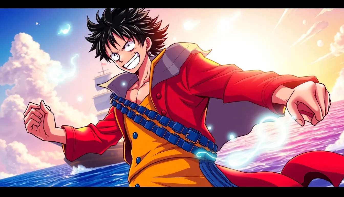 Luffy in Gear 5 surrounded by motifs of freedom and hope.